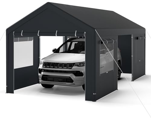 COSTWAY Abri de Voiture 305 x 586 cm Structure Métallique Bâche PE, Tente de Garage avec Fenêtres Ventilées à Enroulement Parois Latérales et Portes Amovibles, pour Camions Bateaux (Gris)