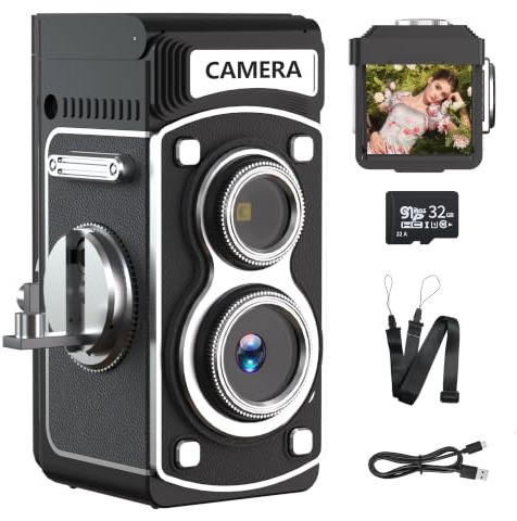 LENANE Mini fotocamera digitale vintage – 1080p FHD Retro TLR Style Point and Shoot Cameras, fotocamera compatta e portatile Volgging con scheda da 32 GB, ideale per regali di compleanno, principianti