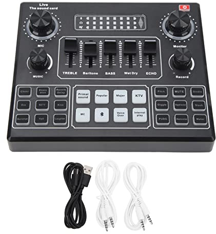 MasYosh Live Sound Card, Professional Dual Channel Mixer Board with 8 Modes 12 Electronic Tones for Live Streaming Phone PC