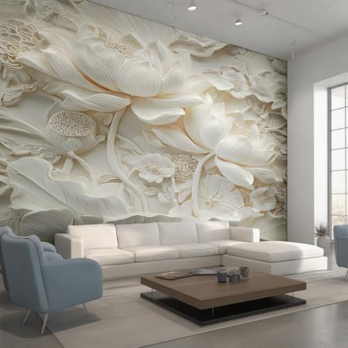 Générique Papier Peint Panoramique Lotus Beige, Papier Peint Fleur en Relief 3D 310x250 cm, Fresque Murale Intissé, Décoration Murale Salon Chambre