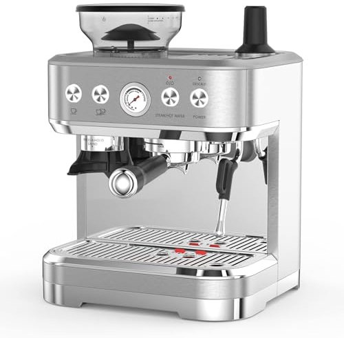 RBFGYIOP Macchina da caffè espresso con macinino e montalatte, pompa italiana da 15 bar, controllo della temperatura PID, serbatoio dell'acqua da 2,5 l, in acciaio inox, macchina da caffè automatica