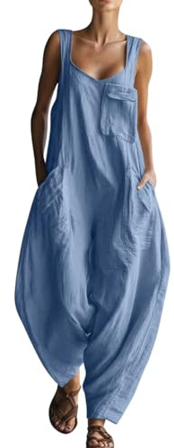 Onsoyours Salopette Donna Estiva Lunga in Lino Elegante Tuta Intera Chic Jumpsuit Pantaloni Gamba Larga Senza Maniche con Tasche
