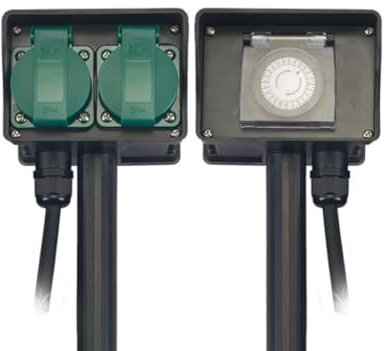 Perel Multiprise de Jardin avec Piquet, minuterie, 2 Prises avec Terre française (Type E), 2 clapets, 1.5 m, 3G1.5, IP44, Noir/Vert