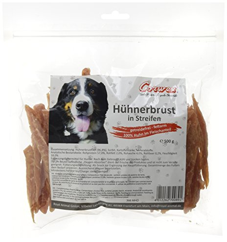 Corwex Premium Kaustreifen (500g, Hühnerbrust in Streifen) 100% Fleischanteil, getreidefrei/fettarm, Kausnack für Hunde, schonend luftgetrocknet