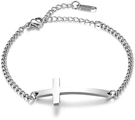 JewelryWe Schmuck Damen Armband Edelstahl Poliert Kreuz Panzerarmband Panzerkette Charmsarmband Armkette mit Gravur Silber