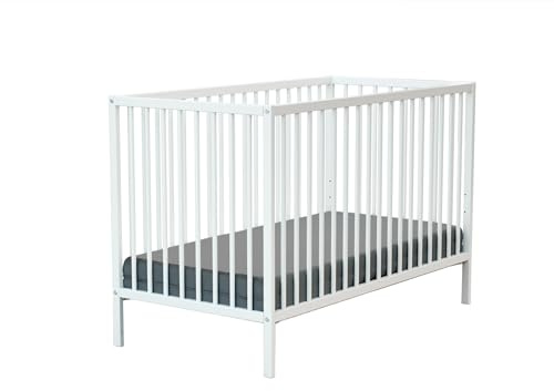Webaby - Lit bébé en Bois 60x120 One| 124 x 64,5 x 82 cm | Lit Bois 100% hêtre Massif | Sommier réglable 3 hauteurs (Blanc, Lit bébé)