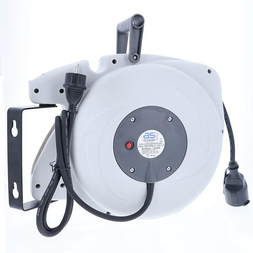 as - Schwabe Automatik Kabeltrommel 10 m, 180° schwenkbar | Wand- oder Deckenmontage, Leicht abnehmbar und mobil verwendbar, 230 V 16 A, IP44 Außen