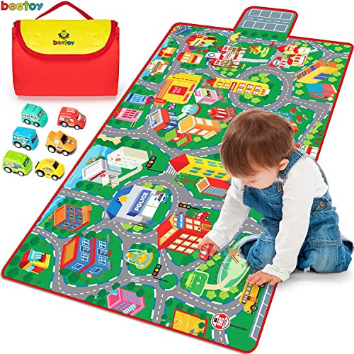beetoy Car Rug, 31.5X67 Play Mat with Roads for Kids - Portable, Anti-Slip, Educational City Life Traffic Carpet for 6 Toy Cars
