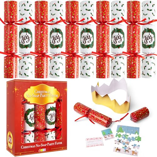 JOYIN 10-pack jul inget snäpp-party bordsgåva med klassisk juldesign, med festhatt, skämt och liten present inuti, för julklapp, säsongsmiddagar traditioner