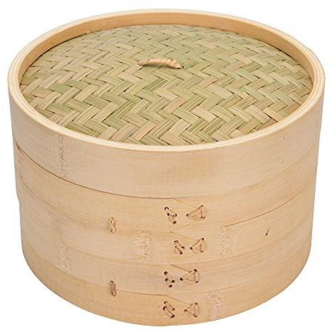 Cuiseur vapeur chinois en bambou 25.4 cm, 2 niveaux, design traditionnel pour la cuisine saine pour boulettes, poulet, poisson – Panier vapeur fait main inclus 2 doublures de gaze et baguettes