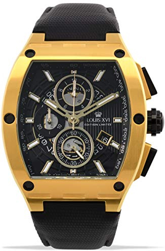 LOUIS XVI Herren-Armbanduhr Noblesse Gold Schwarz Tonneau Chronograph Analog Quarz Edelstahl 1023