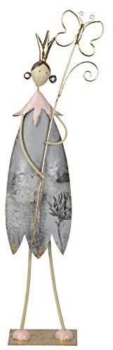 Posiwio große dekorative nostalgische Dekofigur Gartenfee Metall Gold Rosa Grau mit Rosa Blume oder Goldenem Schmetterling (Hellgrau mit Goldenem Schmetterling)