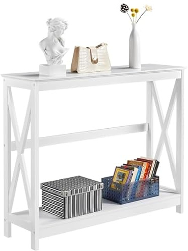 Yaheetech Table Console Table d'Entrée en Bois Table Etroit, Moderne, avec 2 Etagères de Rangement, Structure en X, pour Petits Espaces, Salon, Couloir, 102 x 30 x 81 cm, Blanche