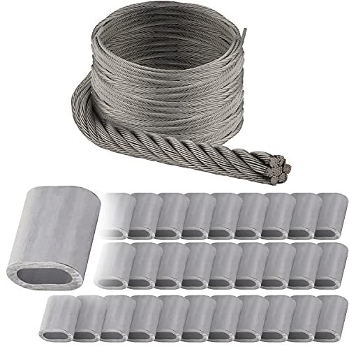 OPIOL QUALITY® 50m Drahtseil weich 7x19 4mm, 30x Pressklemme Aluminium 4mm Edelstahl A4 Set Drahtseil Seil Kabel Seilklemmen Seil Kasuchen Klemme Rankhilfe Sonnensegel