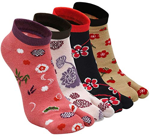 ZFSOCK Tabi Strumpor Damer Flip Flop Två Tåstrumpor Bomull Kort Flerfärgad Roligt Japansk Stil Sakura Mönster, Storlek 35-41, 4 Par