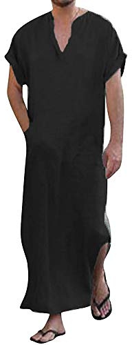 YAOLE V-ringad herr kaftan sida delad kortärmad rock bomull med fickor, 01 svart, XL