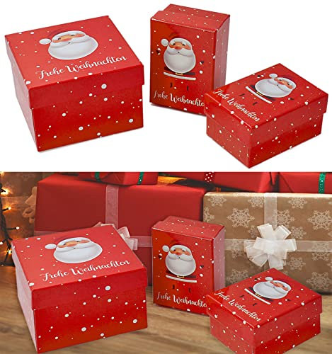 3x Geschenkboxen mit Deckel - Schriftzug Frohe Weihnachten - Boxenset Geschenkverpackung Geschenkschachteln Geschenkkarton Pappboxen Schachtel Box - aus stabilem Karton - wiederverwendbar!