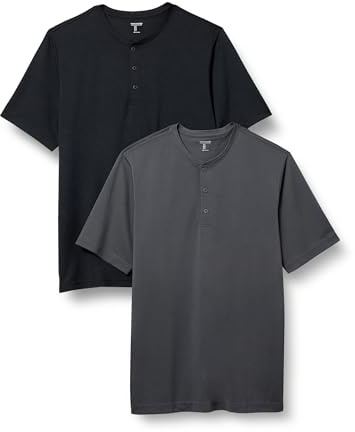 Amazon Essentials Men's Regular-Fit Short-Sleeved Quick-Dry Jersey Henley T-Shirt, Pack of 2, Black/Charcoal, XL