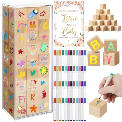 Tenceur 104 Pcs Baby Shower Game Sign Set Baby Shower Blocks to Decorate 54 DIY Blank Wooden Block 48 Watercolor Markers with Box Set for Games Gender Reveals Party Supplies