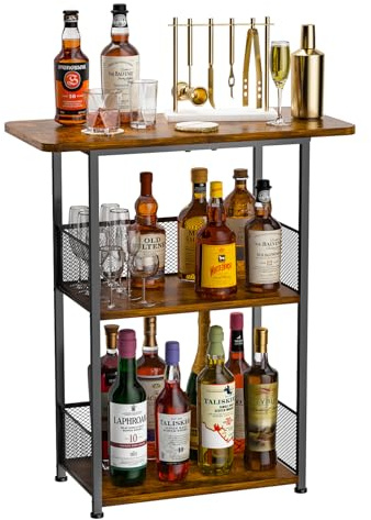 Eyteenokk Floor Standing Freestanding Whiskey Rack: 3 Tier Wine Rack Mini Bar Table Corner Wine Bottle Display Stand Liquor Cabinet Bar, for Bottles,Cocktail Shaker,Mugs