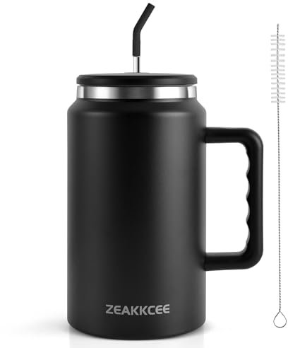 ZEAKKCEE 50oz Tumbler with Straw Lid Handle, Stainless Steel Insulated Water Cup, Large Capacity Travel Mug Keep Cool for Tea Coffee Water, Best Gift for Women Men Him Her(Black)