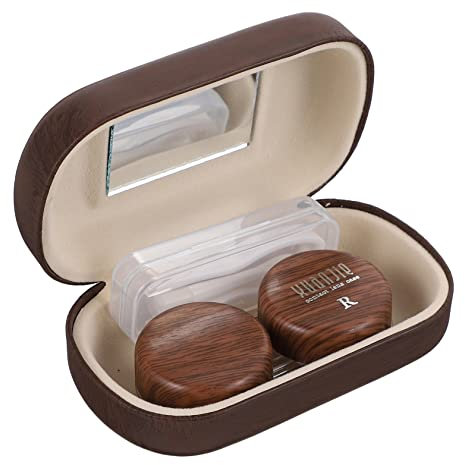 PartyKindom Portable Brown Eye Lens Container with Plastic and Leather Lining, Lightweight Contact Lens Case with Clip and Suction Stick, Easy to Carry and Good Sealing Performance for Travel