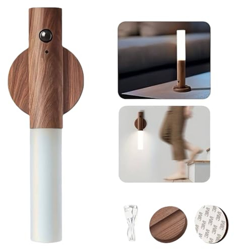 Zoe & Jim Magnetic Wall Light with Motion Sensor and USB Rechargeable. Wall Mounted Wood Torch Light Warm White for Indoor Use. Good for Bedside Lamp, Living Room, Hallway, Staircase (Walnut)