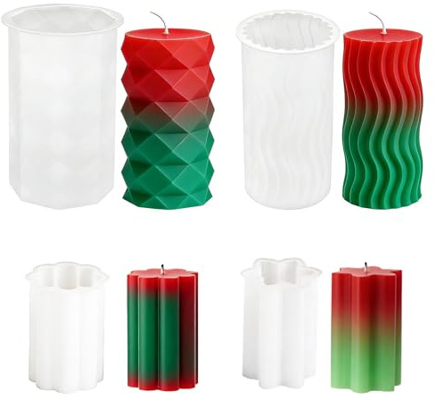 WYAHYQ Lot de 4 Moules à Bougies en Silicone Cylindriques Géométriques Ondulées et en Forme de Fleur pour Bougies de Soja DIY Bougies Décoration Maison