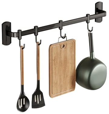 HYPIQQ Utensil Rail Rack Organizer Self Adhesive Kitchen Utensil Rack Aluminum Wall Mounted Hanging Rail 4 Removable Hooks Pots Pans Spoons Knives (Black, 25cm)