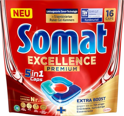 Somat Excellence Premium 5 en 1 Caps (16 Caps), pastillas para lavavajillas de liberación rápida con Extra Boost, Somat Caps eliminan incluso 72 h de restos de comida secos y persistentes