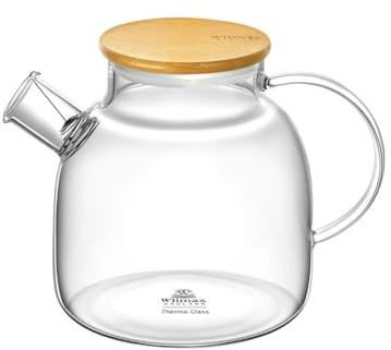 Wilmax Teekanne Glas mit Siebeinsatz und Bambusdeckel, 1200 ml, Klar | Geeignet für Gas- & Elektroherd, mikrowellen- & spülmaschinenfest, für heiße & kalte Getränke