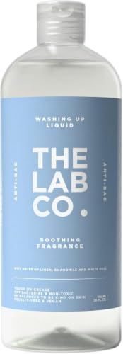 The Lab Co. Antibacterial Washing Up Dishwashing Liquid | Tough on Grease Dish Soap | Gentle on Hands | Plant-Based Formula | 750ml | Soothing Scent Linen Chamomile White Rose