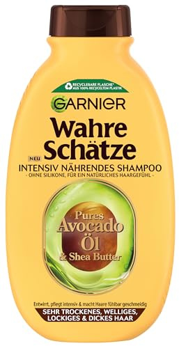 Garnier Wahre Schätze Intensiv Nährendes Shampoo Pures Avocado-Öl & Sheabutter, für trockenes Haar, ohne Silikone, für alle Lockentypen, mehr Geschmeidigkeit, 1x 250ml