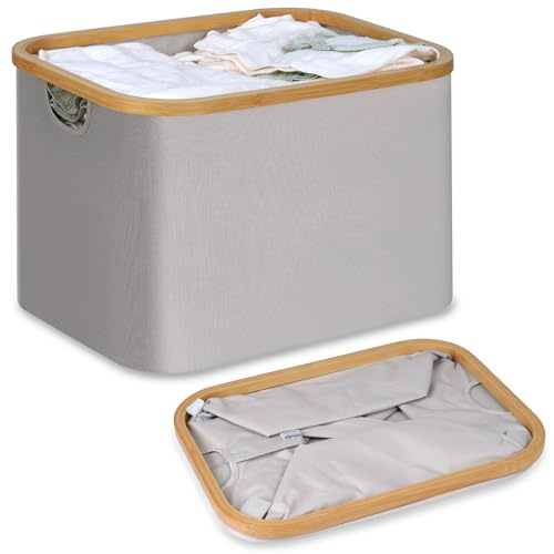 efluky Foldable Washing Basket, 48L Bamboo Laundry Baskets, Collapsible Laundry Basket Wash Clothes Ironing Baskets, Light Grey Folding Laundry Hamper