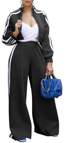 Akmipoem Two Piece Sets for Women Going Out Long Sleeve Zipper Cropped Jacket Casual Sweat Pant Outfit Black L