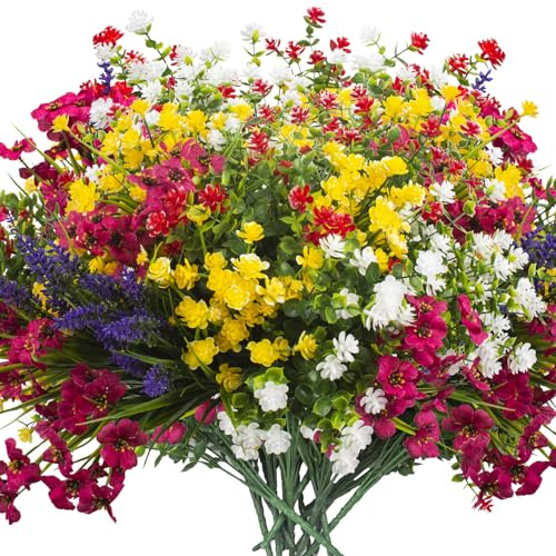 Grunyia 20 paquetes de flores artificiales para exteriores, plantas falsas resistentes a los rayos UV, flores de plástico sintético para el hogar, caja de ventana, porche, interior, cementerio, otoño,