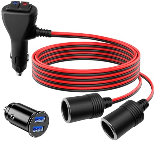 Hoembpn 1M 12V Cigarette Lighter Socket Extension Lead Adapter 2 Way Splitter with Dual Independent Switches and 15A Fuse Double Car Lighter Adapter Power Cable 15AWG,12V/24V Dual USB Car Charger