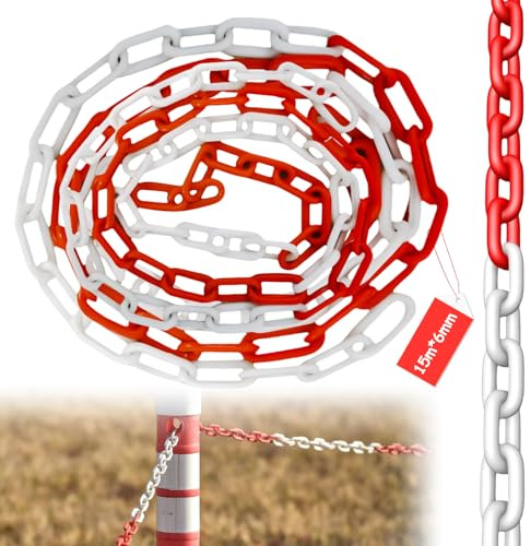 Absperrkette Kunststoffkette Absperrung 15 Meter x 6mm Absperrkette Rot Weiß Kunststoff Warnkette Plastikkette Kunststoff-Gliederkette für Warnsicherheit Parkplatz Absperren
