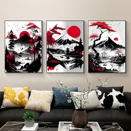 IUNTWEIE Japanische Landschaftsposter,Japanischer Tempel im Herbst Schwarz/Weiß Wandbild Kunstdruck Wanddeko Wand Wohnzimmer Wanddekoration,ohne Rahmen (B, 50x70cm*3)