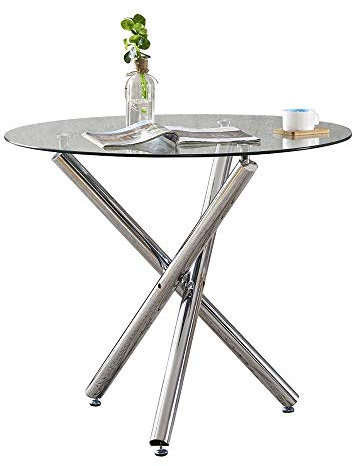 Moderna mesa de comedor redonda de cristal transparente con patas cromadas para cocina, restaurante, mesa de vidrio templado, asientos para 4/6/8 personas, ideal para oficina y recepción