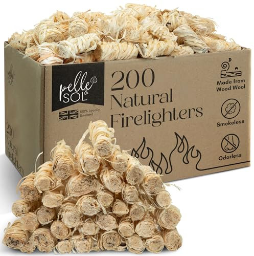 Pelle & Sol 200 Natural Firelighters – Long Burning Fire Lighters for Wood Burners, BBQ Lighter, Pizza Ovens, Open Fires – Quick Light Fire Starter, Log Burner Accessories - Eco Firelighters