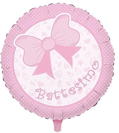 PuntoCasaStore Palloncino Mylar Battesimo Bimba con Fiocco Rosa, Diametro 45 CM, Decorazione per Feste e Cerimonie di Battesimo, Materiale Mylar, 1 Pezzo