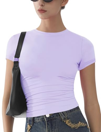 Womens Basic Short Sleeve Slim Fit T Shirts Soft Crewneck Crop Y2k Tees Summer Stretchy Cute Tops