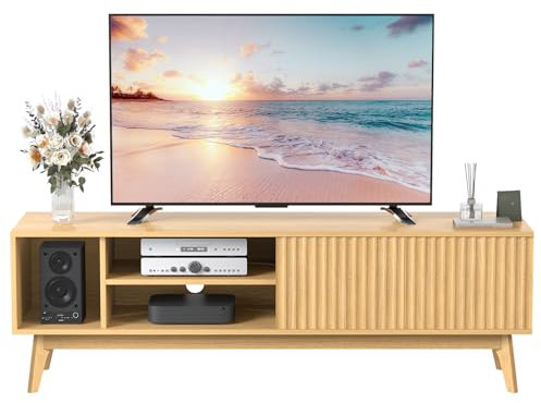 TOTEBOX 150CM TV Stand with Storage, TV Unit Entertainment Center for Living Room for 35 to 60 inch TVs, w/ 2 Doors, 3 Open Compartments, Sturdy Wood Legs (Oak wood)