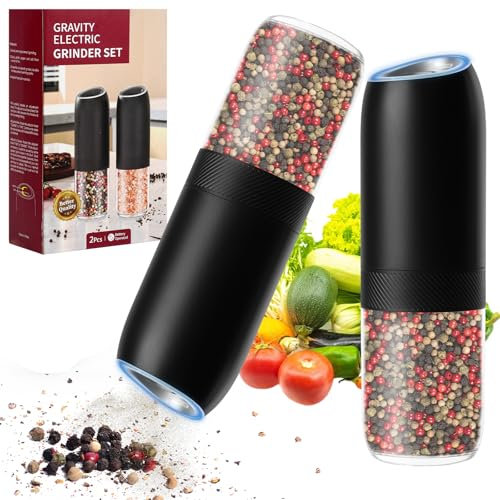 HOTUT 2 Piezas Molinillo Pimienta Electrico, Núcleo de Cerámica Grosor Ajustable Molino de Especias con Luz LED, Détection de la gravité, Alimentado por Batería, con Cepillo y Paño de Limpieza -Negro