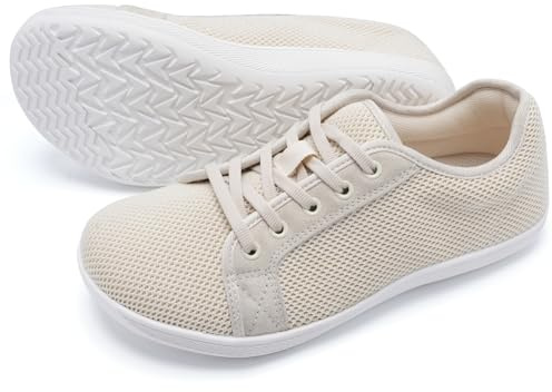 Barefoot Shoes for Women Wide Fit Outdoor Walking Lightweight and Breathable Ladies Trainers Zero Drop Sole Minimalist Running Sneakers Beige UK 4