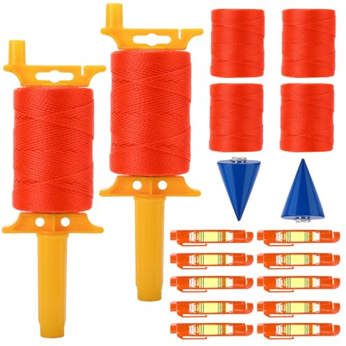 Hokoad 2 Pack Mason Line with Handle, 4 Rolls 540-Feet Reloadable Line Reel with 10 Built in Levels & 2 Plumb Bob Braided Construction Nylon Line for Kite Twine String, Masonry Tools (Orange 6 Set)