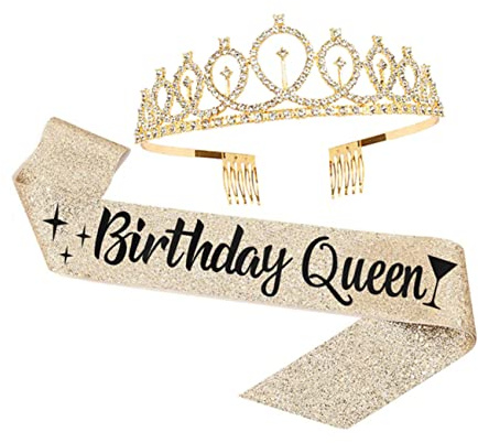 UKCOCO Couronne Décorative Anniversaire Avec Ceinture De Cérémonie Bandoulière Reine Pour Fête Avec Peigne Intégré