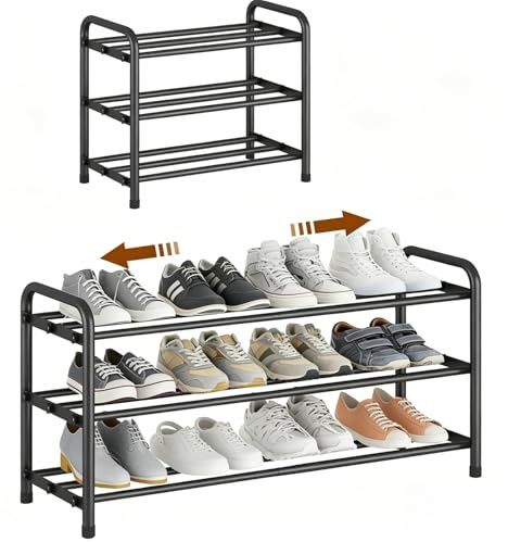 YUWHFEI Schuhregal Platzsparend, 3 Ebenen Shoe Rack Metall, Ausziehbar Schuhablage 45 to 80cm, Klein Schuhständer Schwarz, Schmales Schuh Regal für Outdoor, Flur, Garderobe, Eingangsbereich