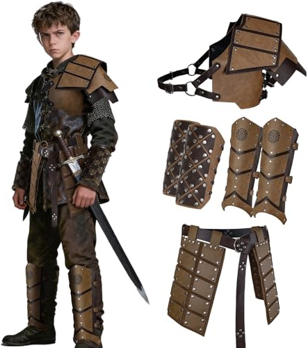 HiiFeuer 6 PCs mittelalterlichen Kunstleder Rüstung Set für Kinder, Vintage Schulter Rüstung Pauldron Armschützer Bein Gamaschen Taille Rüstung